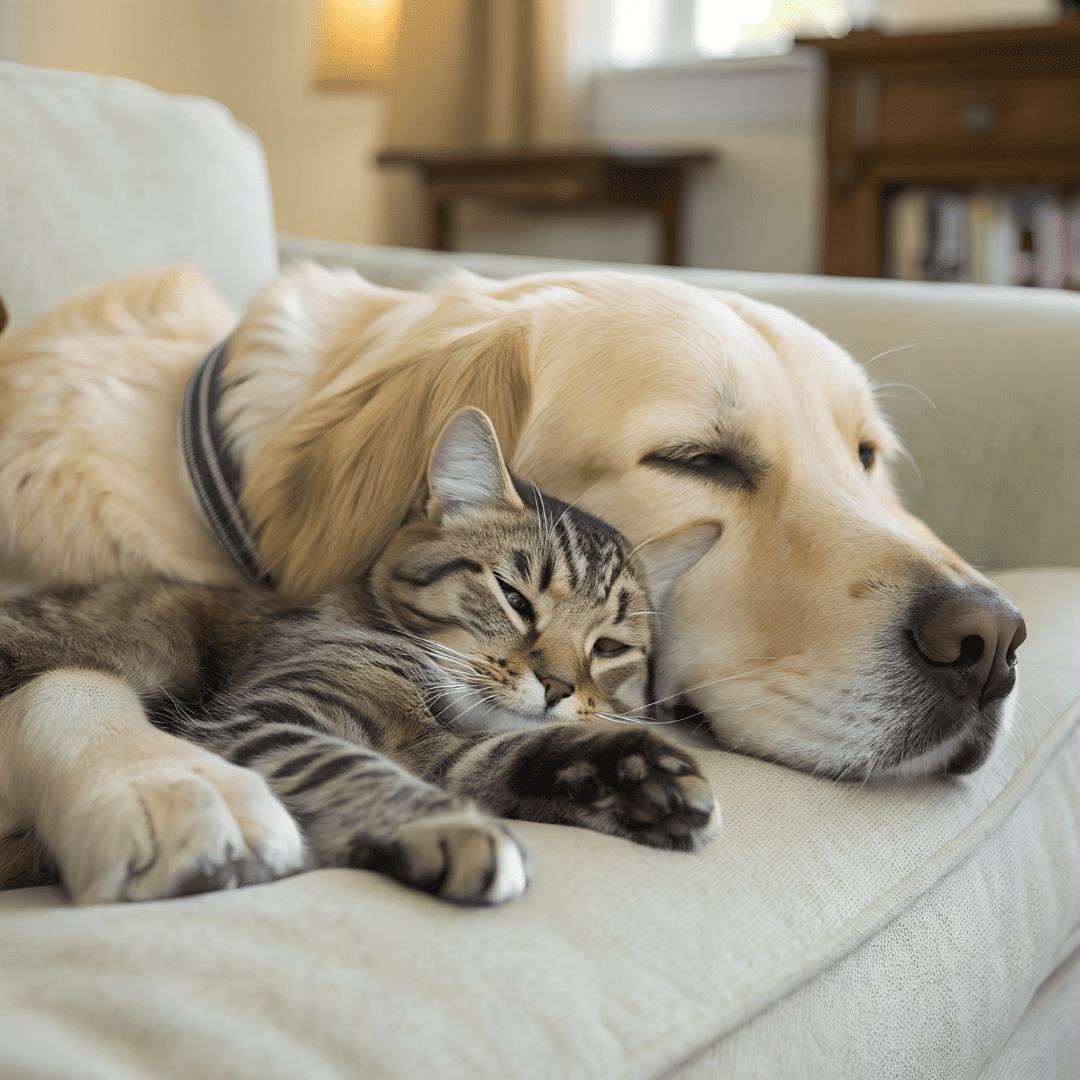 dog and cat sleeping on a couch